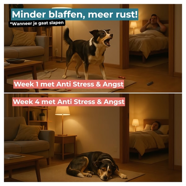 A split-screen comparison showing a dog barking at night versus the same dog sleeping peacefully after four weeks of using an anti-stress supplement.